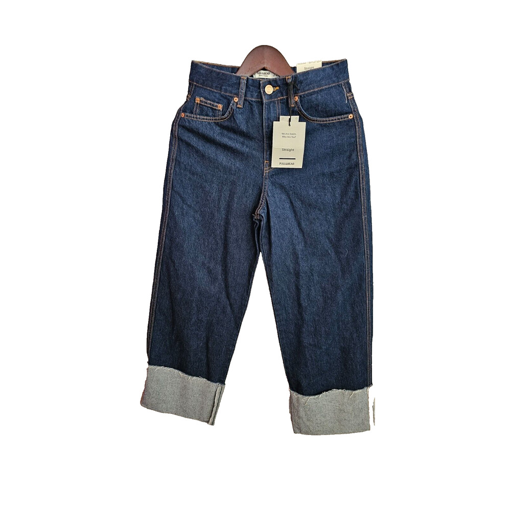 NEW Pull & Bear Women's Jeans Straight Cuffed Wide Leg High Rise Cropped 26 x 26
